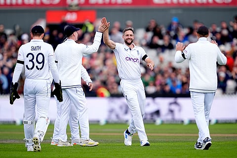 England vs Sri Lanka 1st Test, 3rd Day: England's Chris Woakes, center, celebrates the wicket of Sri Lanka's Nishan Madushka 